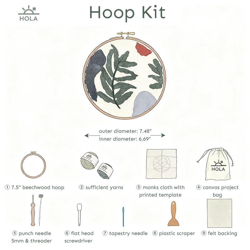 Punch Needle 7.5" Hoop Kit Supplies - Wild Leaves Complete punch needle supplies hoop kit with 9 tools beechwood hoop punch needle threader yarns fabric