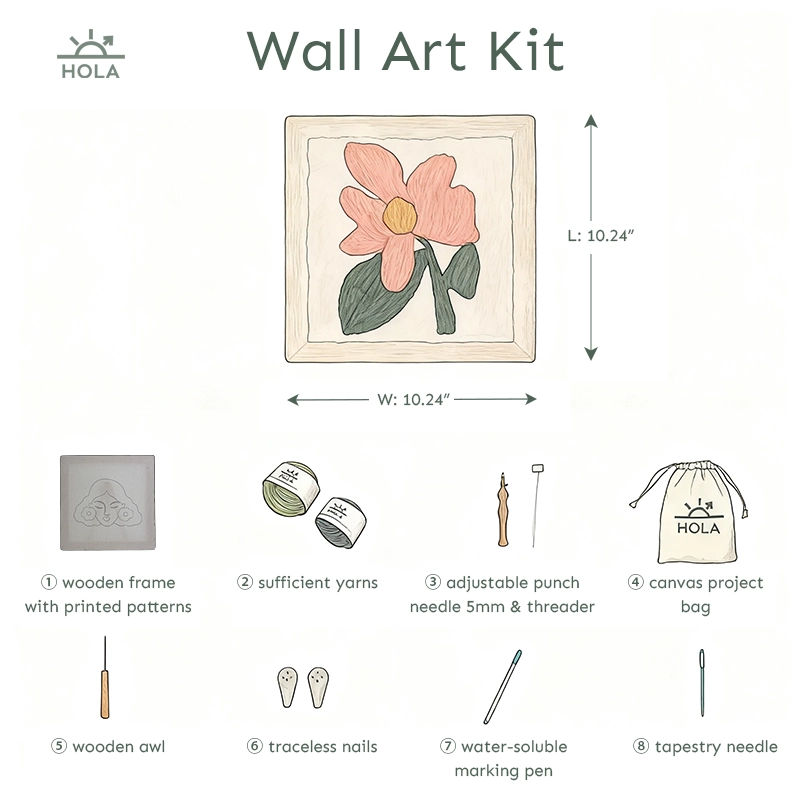 Punch Needle 10.24" Wall Art Kit Supplies - Pink Flower Punch needle supplies 10.24" wall art kit 8 pieces wooden frame punch needle threader yarns traceless nails awl