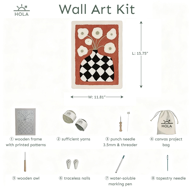 Punch Needle 11.8" x 15.7" Wall Art Kit Supplies - Checkered Vase & Flowers Punch needle supplies wall art kit 8 tools 3.5mm needle threader wooden frame yarns awl nails marking pen