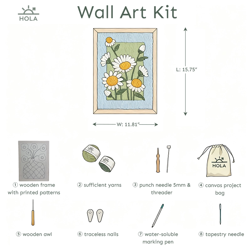 Punch Needle 11.8" x 15.7" Wall Art Kit Supplies - Blooming Daisy Punch needle supplies wall art kit 8 pieces 5mm needle threader wooden frame premium yarns awl nails pen