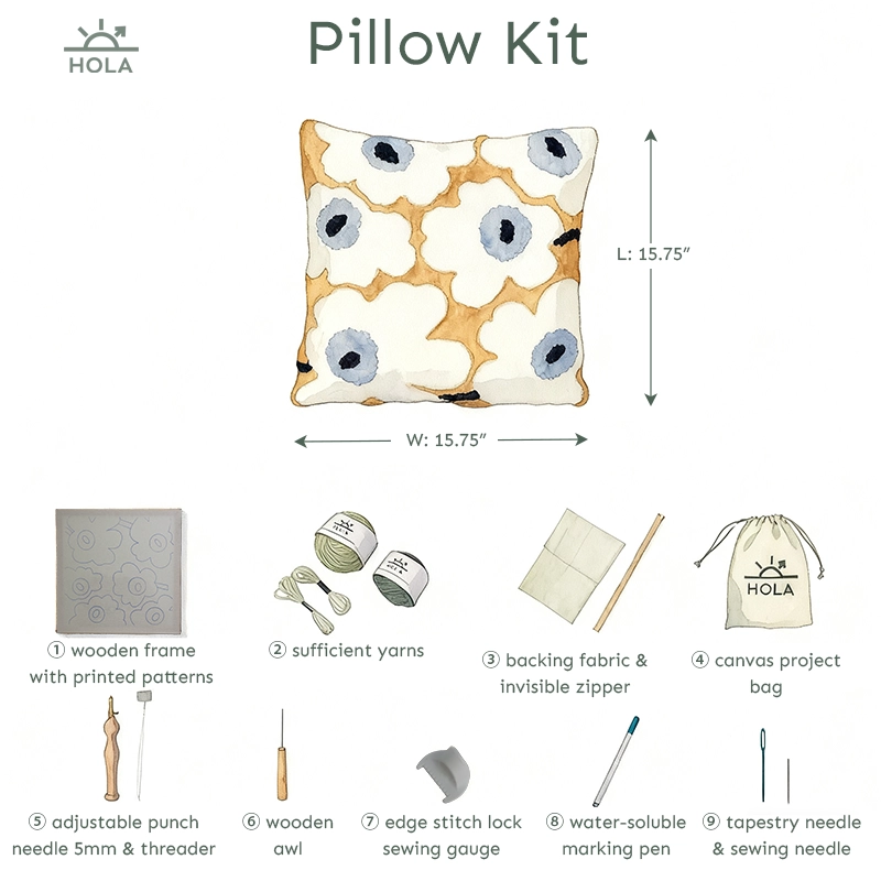 Punch Needle 17.72" Pillow Kit Supplies - White Flowers Punch needle supplies pillow kit 9 pieces wooden frame yarns backing fabric invisible zipper sewing tools