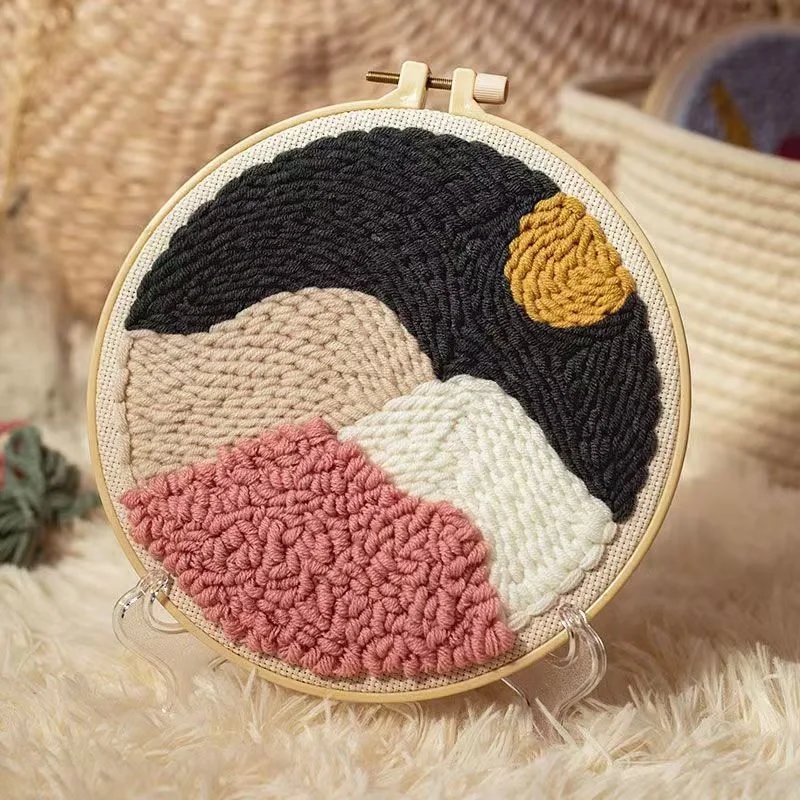 Midnight Mountains Punch Needle Coasters Kit Midnight mountains punch needle coasters kit with colorful mountains design in embroidery hoop and complete crafting supplies