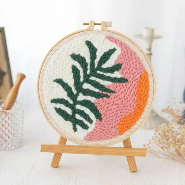 Peachy Palm Tropical Punch Needle Kit for Beginners Punch needle kit showing peachy palm tree design in embroidery hoop with tropical colors and beginner crafting tools