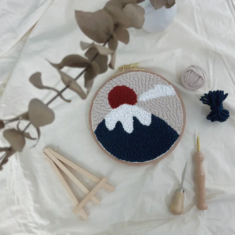 Mount Fuji Art Punch Needle Kit for Beginners - Crafting Tools & Supplies Mount Fuji art punch needle beginner kit with embroidery hoop tools yarns and eucalyptus decor