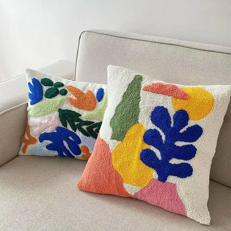 Punch Needle Pillow Kit - Landscape View Abstract Art Design Two colorful punch needle pillows with abstract landscape design on beige sofa, modern home decor art pillows