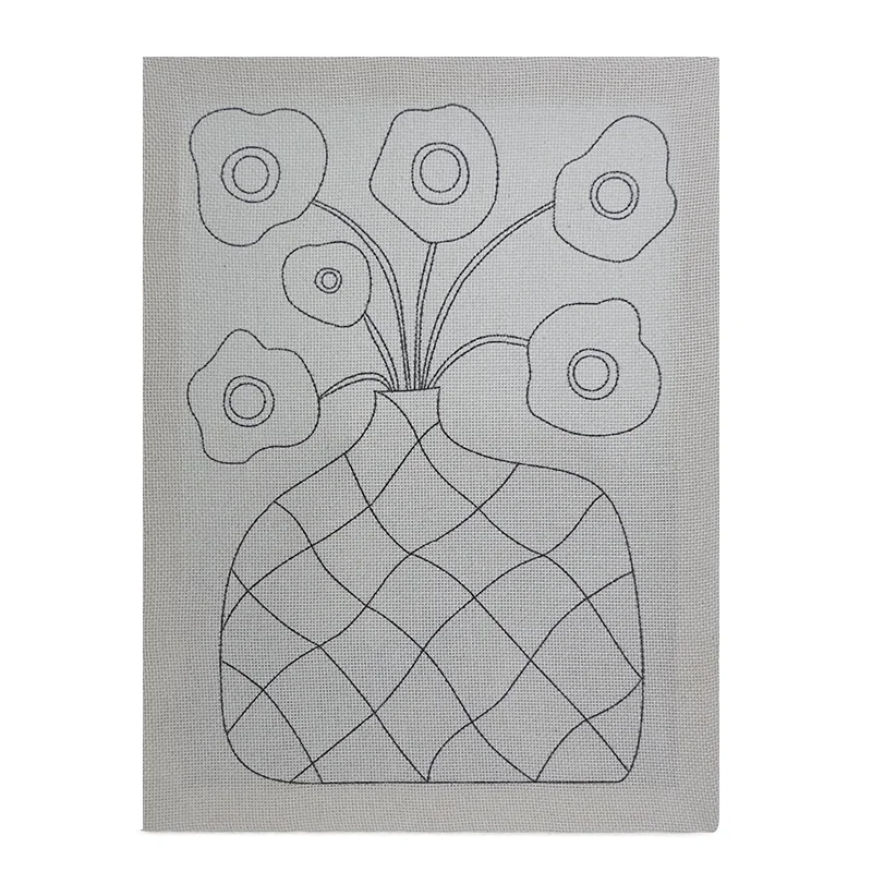 DIY Wall Decor Pattern - Checkered Vase & Flowers Punch Needle Design DIY wall decor pattern showing checkered vase with flowers design drawn on fabric for punch needle embroidery wall art project