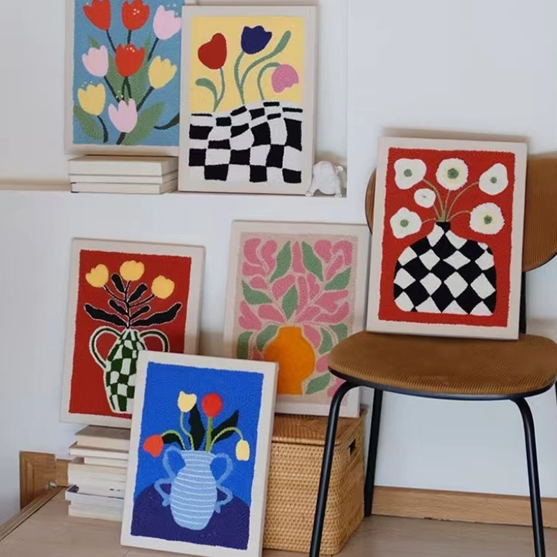 DIY Wall Decor Punch Needle Art Collection - Modern Home Craft Kits Multiple DIY wall decor punch needle artworks displayed together showing different vase and flower designs in vibrant colors