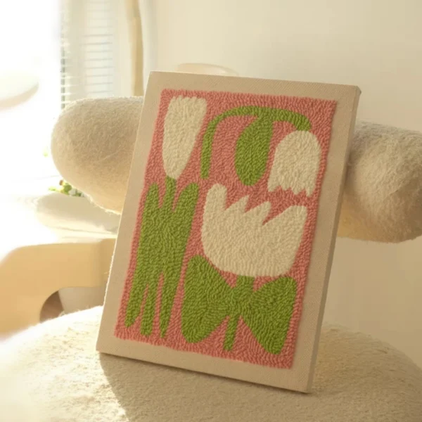 DIY Punch Needle Wall Art Kit – Elegant Flowers Punch needle wall art kit with pink and white flowers on canvas, perfect for DIY home decor