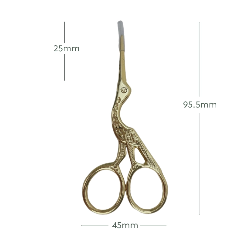 Gold stork embroidery scissors with dimension measurements showing 95.5mm length and 45mm width specifications