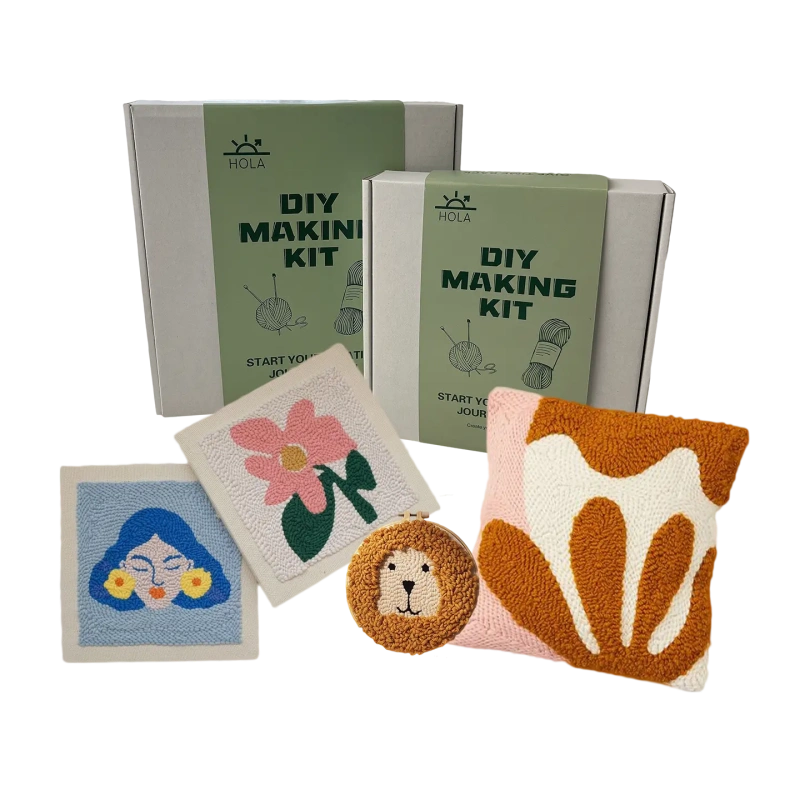 Collection of punch needle DIY kits for beginners featuring flower, animal, and geometric designs with green packaging
