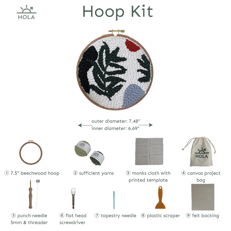 Showing all tools included in a Hoop Series punch needle kit for beginners.