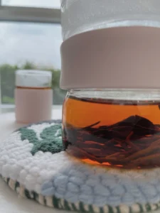 Close-up of a finished Holakits Wild Leaves hoop trivet holding a teapot of red tea, highlighting the thick texture, with a pink cup and bright window view in the background.