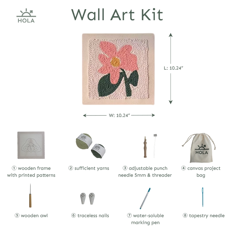 Overview of tools included in a Wall Art Series punch needle kit with an adjustable punch needle.
