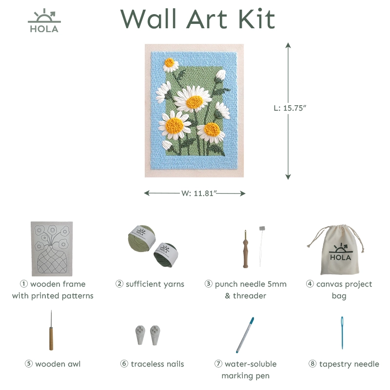 Showing tools included in a Wall Art Series punch needle kit using a 5mm fixed punch needle.