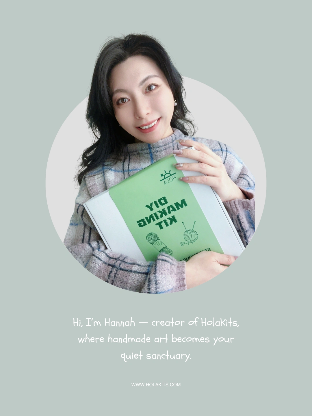 HolaKits founder Hannah holding hoop series craft kit packaging.